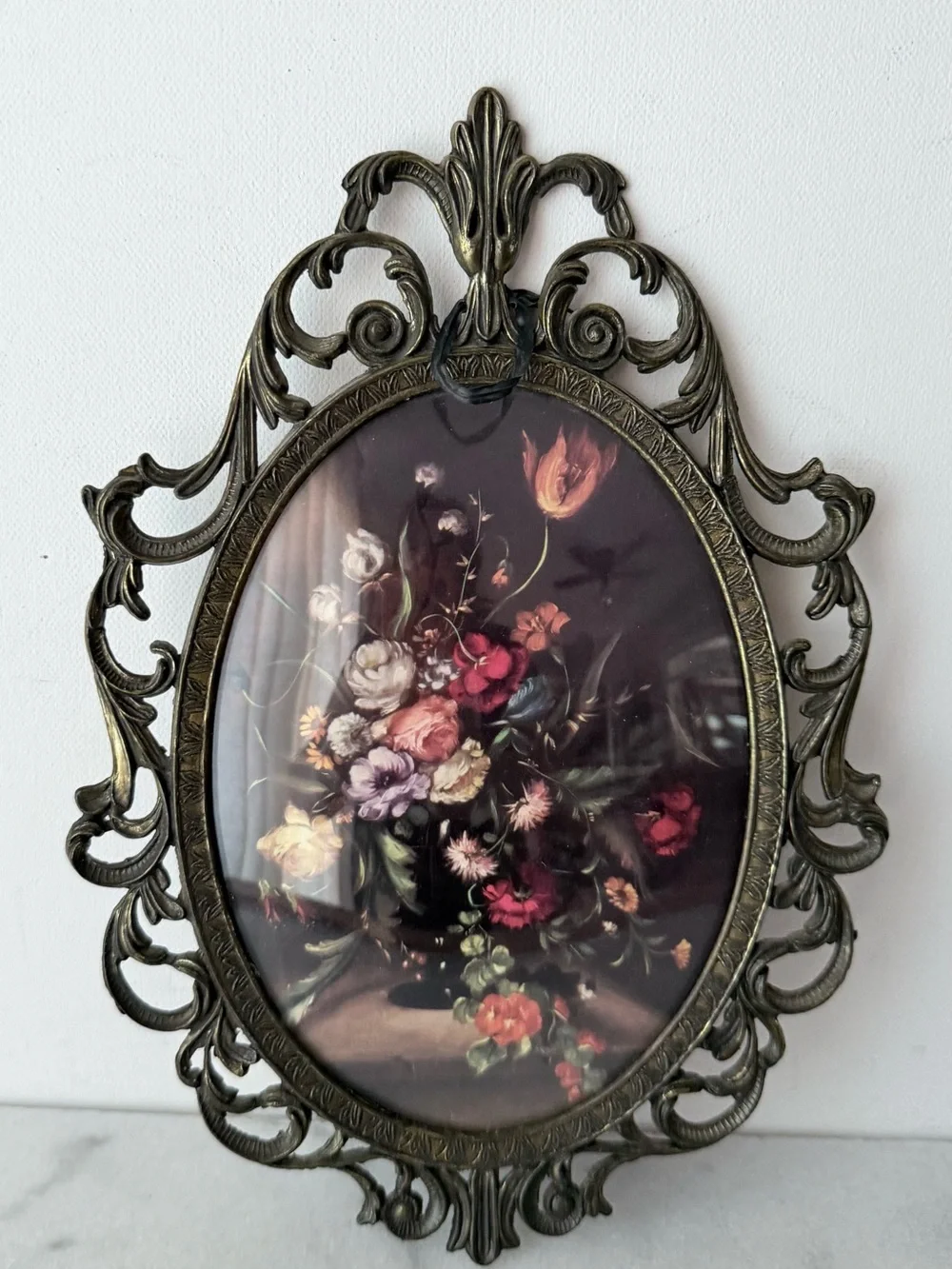 Ornate gold Vintage Oval Floral Wall Art - Brass Frame Italian